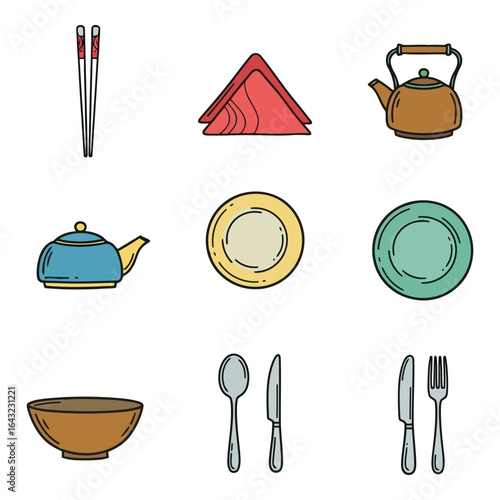 Art of colorful collection of kitchen and dining icons