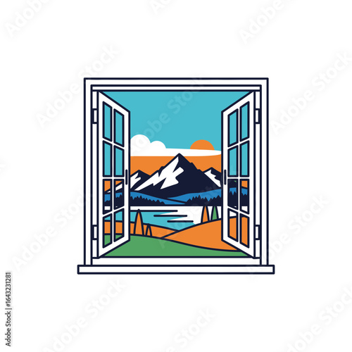 Open window reveals a mountain landscape with sun water and trees.