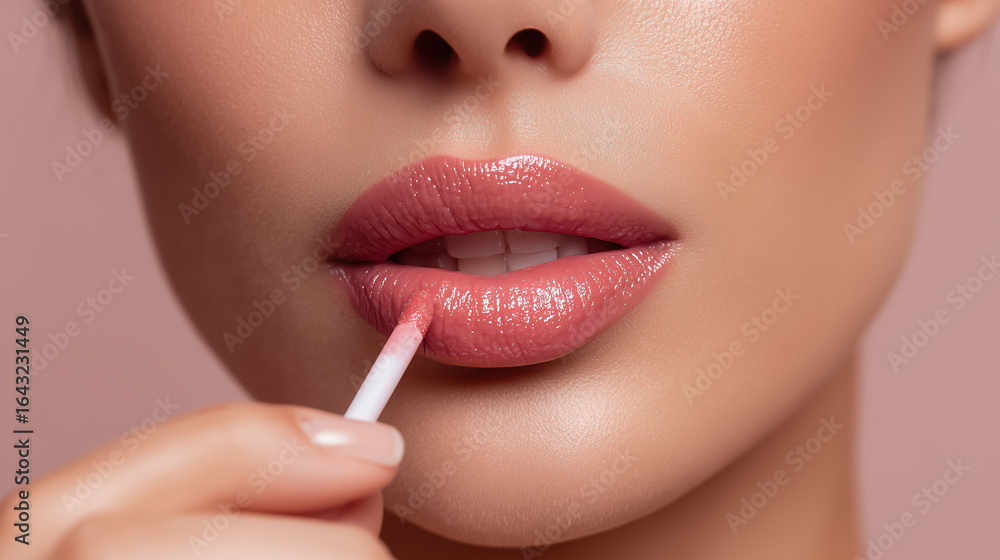 Naklejka premium Close-up of a beautiful woman applying glossy lip gloss with a wand, showcasing her full lips and flawless skin against a soft pink background, emphasizing beauty and self-care