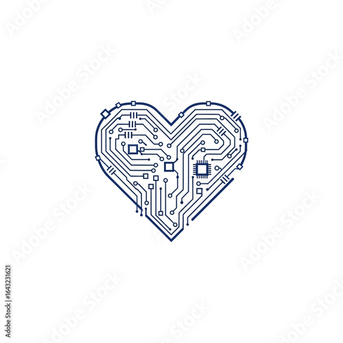 A stylized heart shape with circuit board design elements.