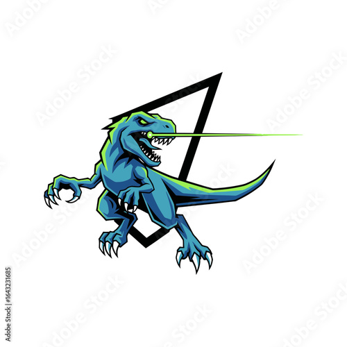 A blue dinosaur shoots a laser beam from its mouth inside a black triangle.