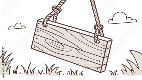 A vector illustration of wooden sign hanging from a rope in a grassy landscape with clouds, evoking a vintage and rustic feel, perfect for a countrythemed banner