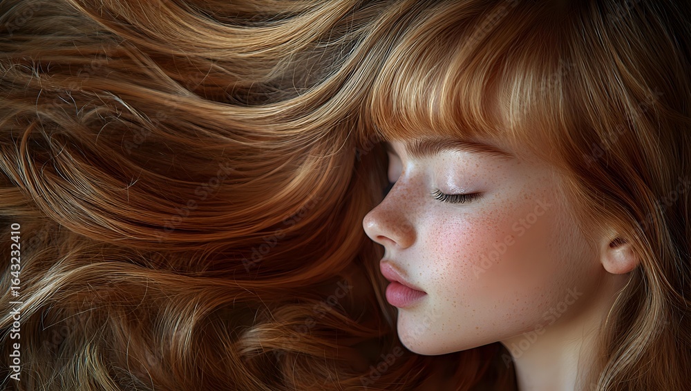 Naklejka premium Young woman with flowing blonde hair and natural makeup in profile view against dark background, eyes closed in serene expression, showing beauty and skincare concept.