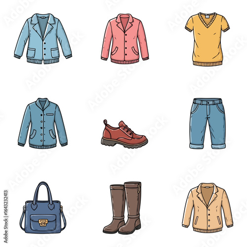 Art of collection of clothing and accessories isolated on white background