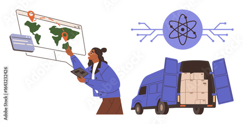 Professional analyzing global shipment routes on a map while coordinating deliveries with a loaded van and modern technology. Ideal for logistics, supply chain, e-commerce, tech integration