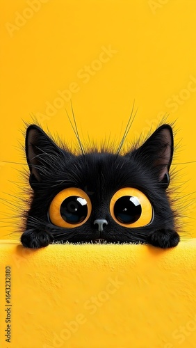 A black cat with large eyes peeks curiously from behind a bright yellow wall.
