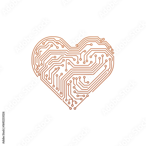 A heart shape composed of circuit board pathways and electronic components.