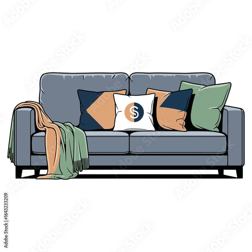 A blue two-seater sofa displays pillows and a throw blanket.