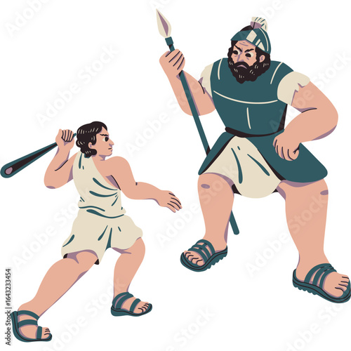 Stylized illustration of David confronting the giant Goliath, a symbol of courage against overwhelming odds.