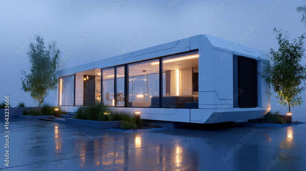 Fototapeta premium Modern Minimalist House with Large Windows and Outdoor Lighting at Dusk 