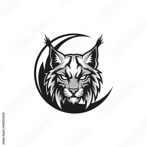 A lynx head with a fierce expression is centered within a crescent moon shape.