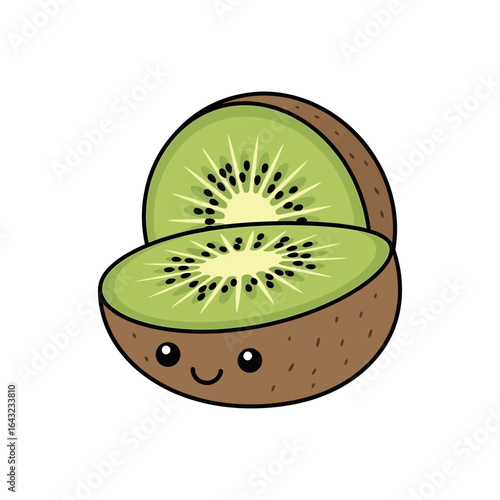 A cartoon kiwi fruit cut in half showing the inside with a smiling face.