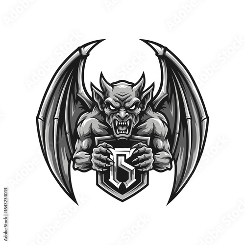 A winged gargoyle holds a shield with a letter inside its claws.