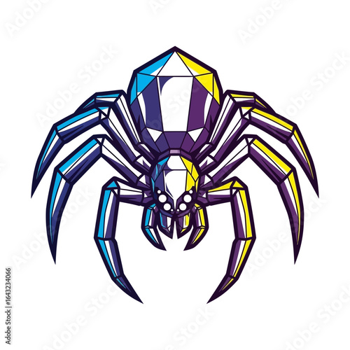 A stylized spider illustration with geometric body segments and colorful gradients.