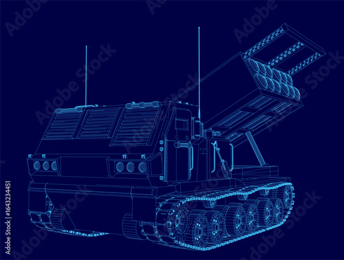 A military tank blueprint features a detailed wireframe design with a missile launcher on top. The technical illustration has a dark blue background, highlighting the tank's structure.
