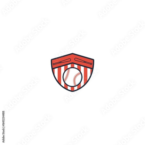 This logo features a classic-style shield on a red and white vertical striped background. In the center of the shield there is an image of a white baseball with red stitching