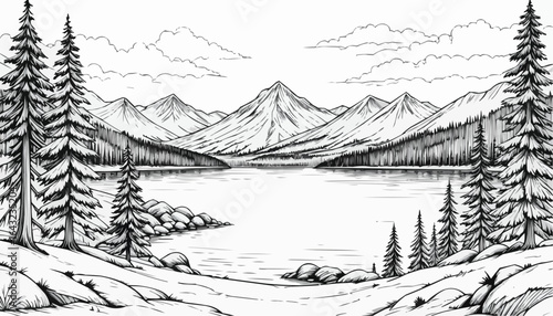 Detailed black and white coloring illustration of a lakeside mountain landscape