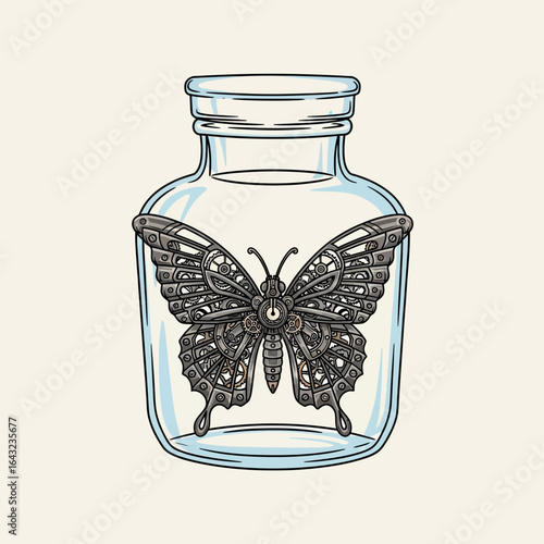 A butterfly is enclosed inside a clear glass jar.