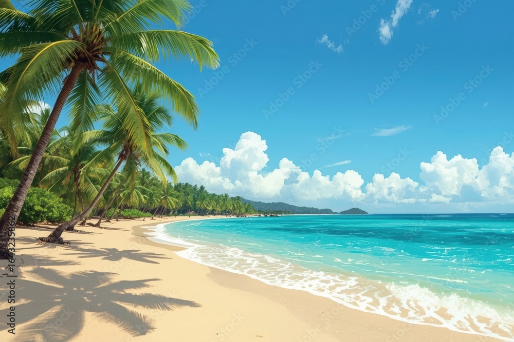 Fototapeta premium Tropical Beach Paradise with Palm Trees and Ocean Waves: Scenic Summer Vacation Destination for Relaxation and Serenity