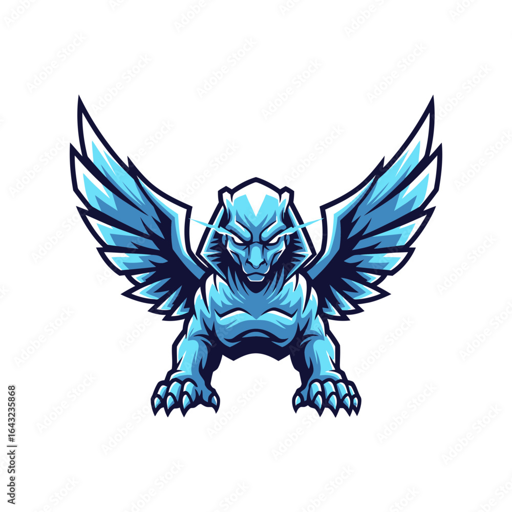 Fototapeta premium A blue sphinx with wings is depicted in a stylized illustration.