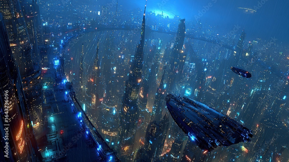 Naklejka premium Cyberpunk Futuristic Cityscape with Neon Glows and Flying Crafts in Rainy Atmosphere
