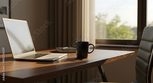 Home office workstation with laptop and coffee