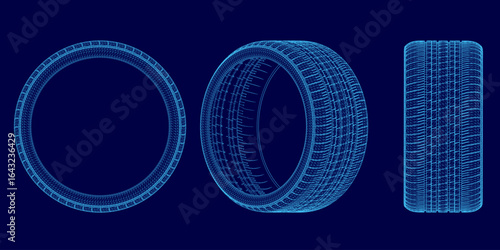 Three 3D wireframe tires arranged in a triangular formation on a deep blue background. The largest tire is centered with two smaller ones on each side. The clean design highlights the wheel structure.