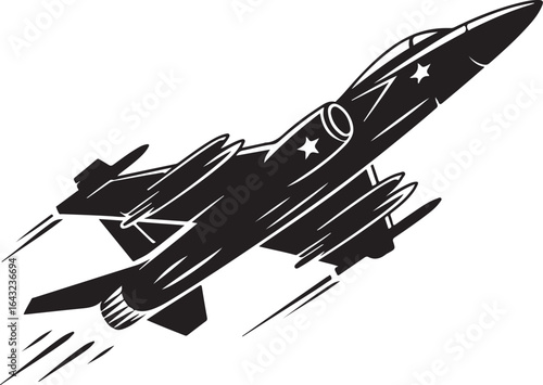 Black silhouette of a military jet isolated on white background