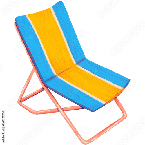 Colorful striped foldable beach chair, an inviting illustration for a relaxing summer vacation, poolside, or beachside enjoyment, perfect for leisure concepts.