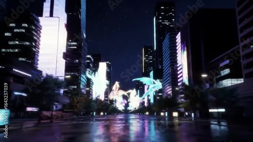 Futuristic Digital Cityscape with Neon Lights and Holograms in 4K Animation