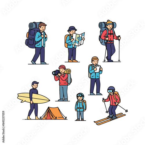 Collection of cartoon travelers and outdoor adventurers with backpacks and gear hiking camping