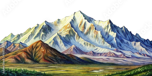 Denali snow covered mountain peak, surrounding tundra, Alaska’s remote wilderness, vast open landscapes, breathtaking view