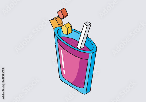 A stylized illustration of a pink drink in a blue glass with a straw and floating colorful ice cubes against a light gray background.