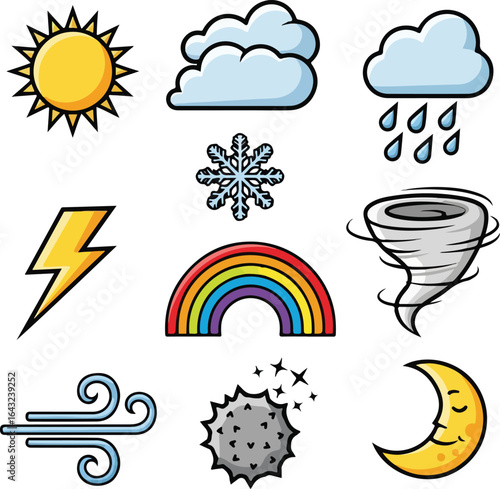 Collection of Weather Icons Including Sun Rain Clouds Lightning Snowflake Tornado Rainbow Wind Moon and Meteor