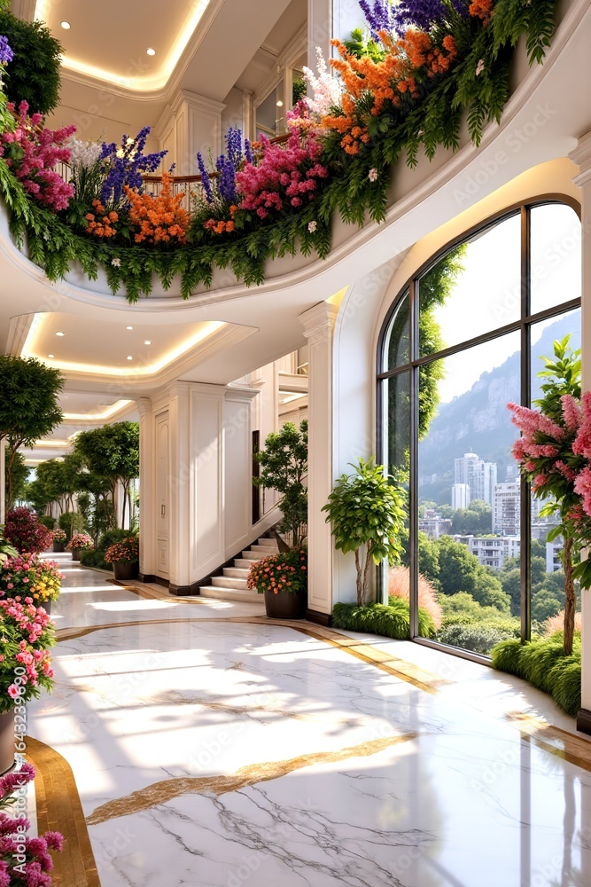 Fototapeta premium Elegant Lobby with Floral Arrangements and Scenic Mountain View