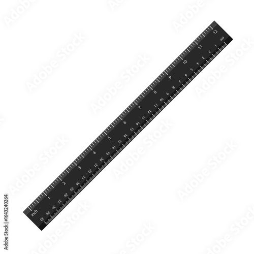Black plastic ruler with both imperial and metric measurements. Vector illustration isolated on white background