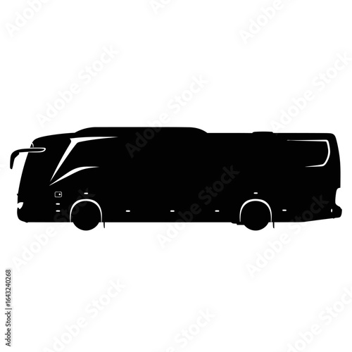 A sleek, modern passenger bus silhouette, depicted in a clean black vector illustration, isolated on a stark white background, perfect for design elements.