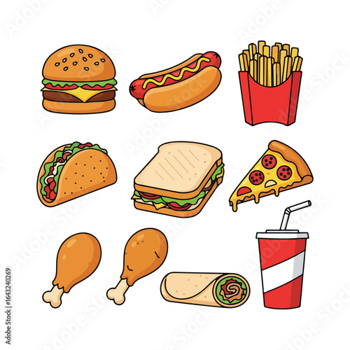 Collection of cartoon fast food items including burger hot dog french fries pizza sandwich taco fried chicken and soda cup
