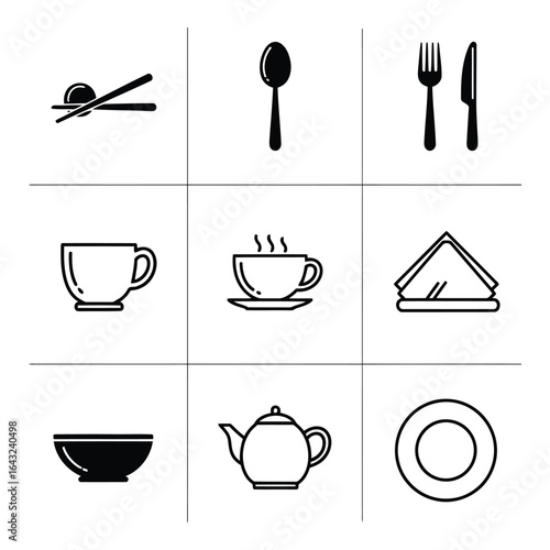 Art of set of dining and kitchenware icons isolated on white background