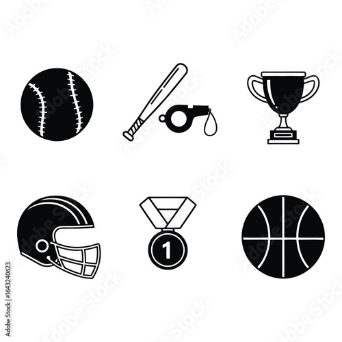 Art of collection of sports equipment and awards isolated on white background