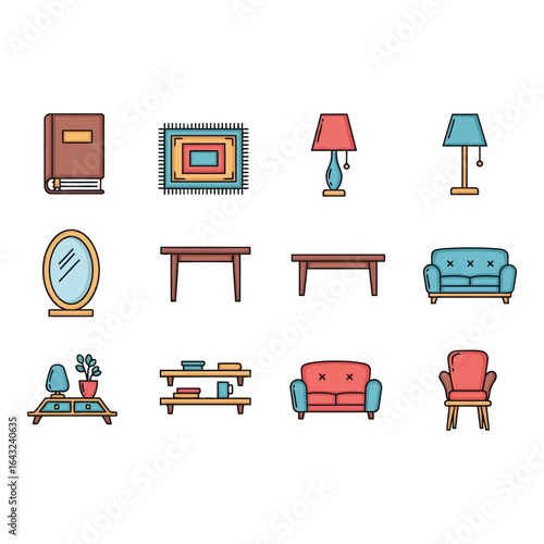 Art of various furniture and home decor items isolated on white background