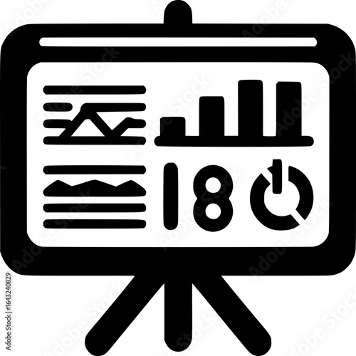 Business Presentation Board Icon: A monochrome illustration of a presentation board displaying vital business metrics and insightful charts, symbolizing data analysis and strategic planning.
