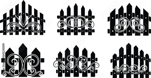 Six black silhouette decorative fence designs with ornate scrollwork picket fence