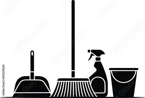 Vector Cleaning Tools Silhouette: Broom, Dustpan, Spray Bottle, and Bucket.