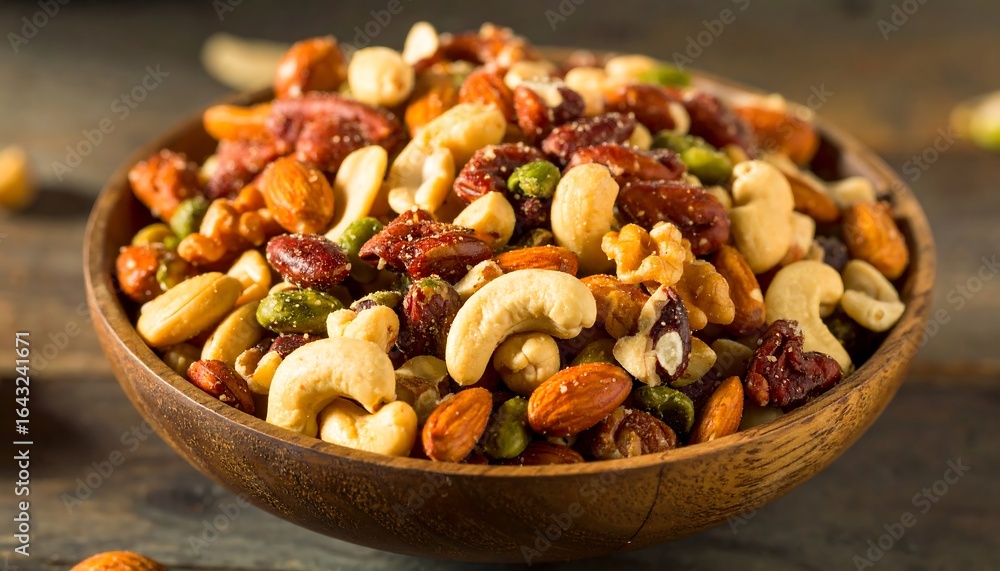 A mix of nuts and seeds in a wooden bowl A mix of nuts and seeds in a wooden bowl