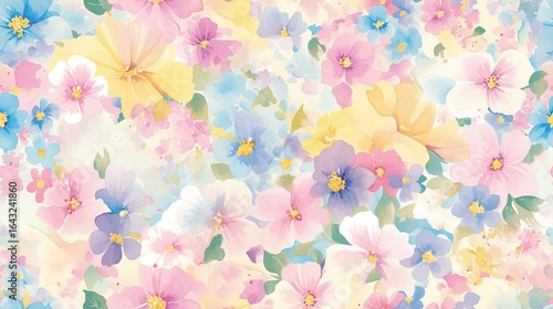 Colorful Floral Pattern with Watercolor Effects and Soft Tones