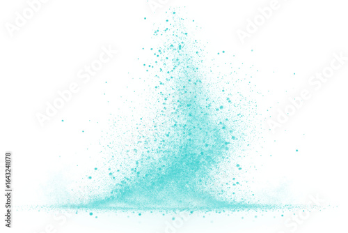 Dynamic burst of falling turquoise particles. Abstract explosion of cyan powder grains or fine sand dust isolated on a white background for design.