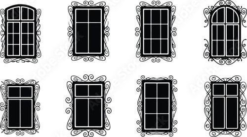 Set of eight black and white ornate window frames with different shapes and pane configurations decorative