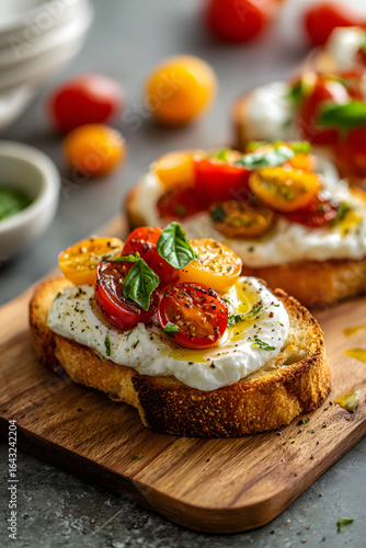 Wallpaper Mural Classic English style, bread bruschetta with cheese, burrata, tomatoes, and basil on rustic bread, on a wooden table, food photography. Torontodigital.ca