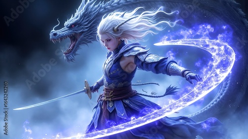 Enchanted Warrior with Dragon in Mystical Fantasy Setting
